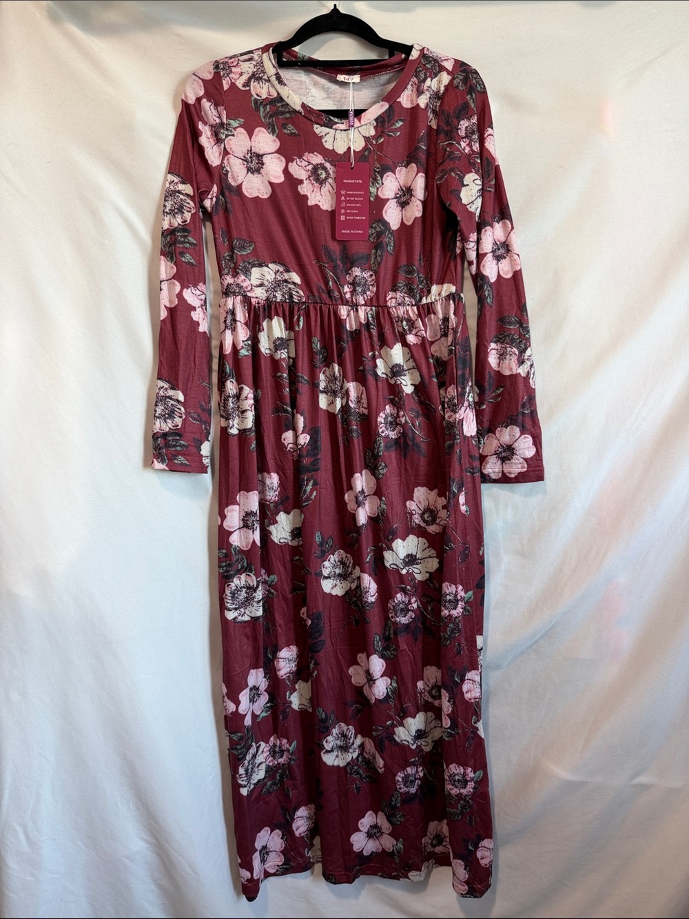 Long Sleeve Floral Maxi Dress in Burgundy